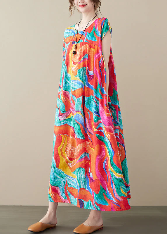 Plus Size Red O-Neck Print Long Dresses Summer - Image 3