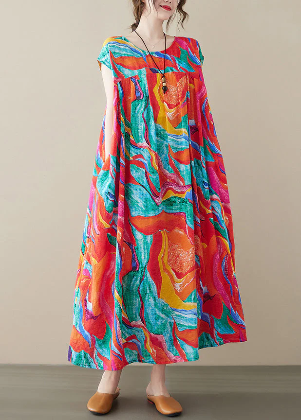 Plus Size Red O-Neck Print Long Dresses Summer - Image 4