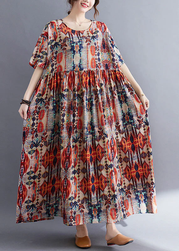 Plus Size Red O-Neck Print Patchwork Cotton Long Dresses Summer - Image 2