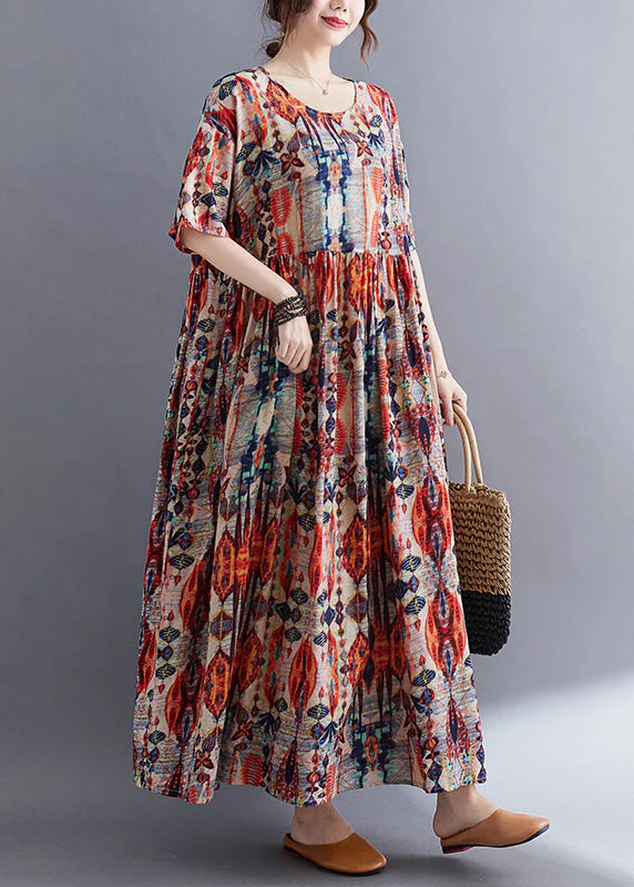 Plus Size Red O-Neck Print Patchwork Cotton Long Dresses Summer - Image 3