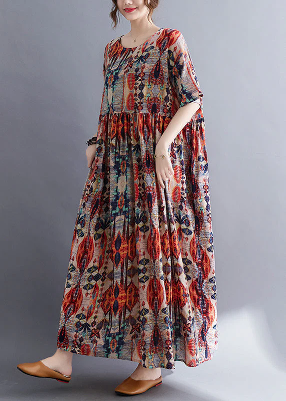 Plus Size Red O-Neck Print Patchwork Cotton Long Dresses Summer - Image 4