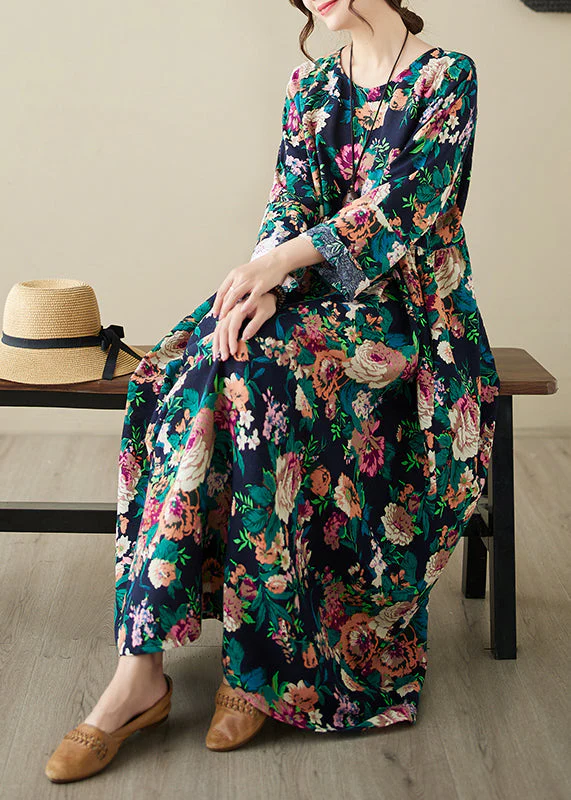 Plus Size Red O-Neck Print Patchwork Long Dress Long Sleeve - Image 2