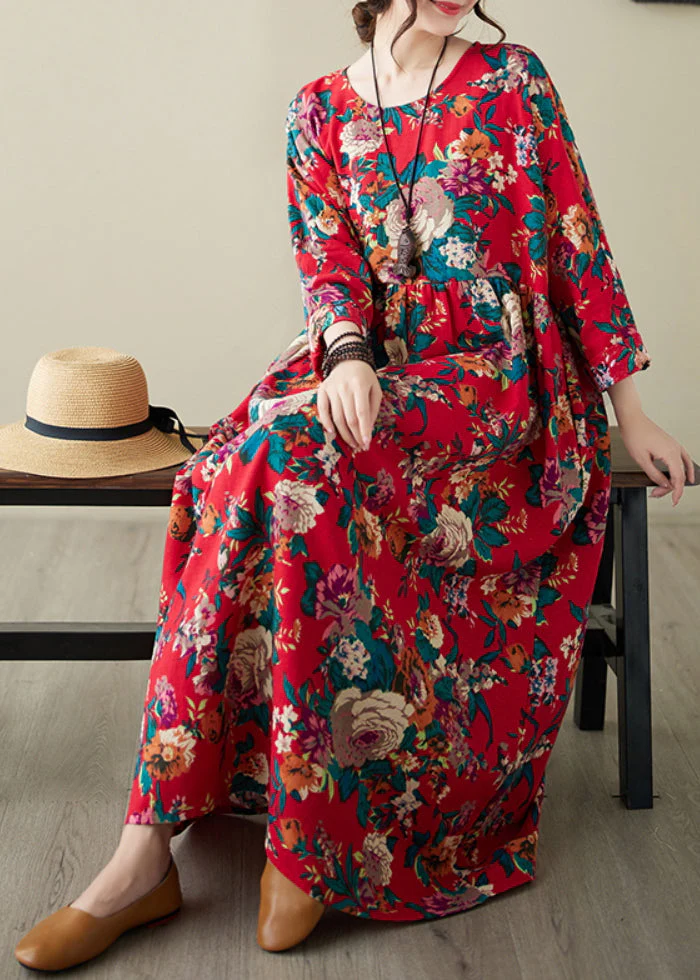 Plus Size Red O-Neck Print Patchwork Long Dress Long Sleeve - Image 3