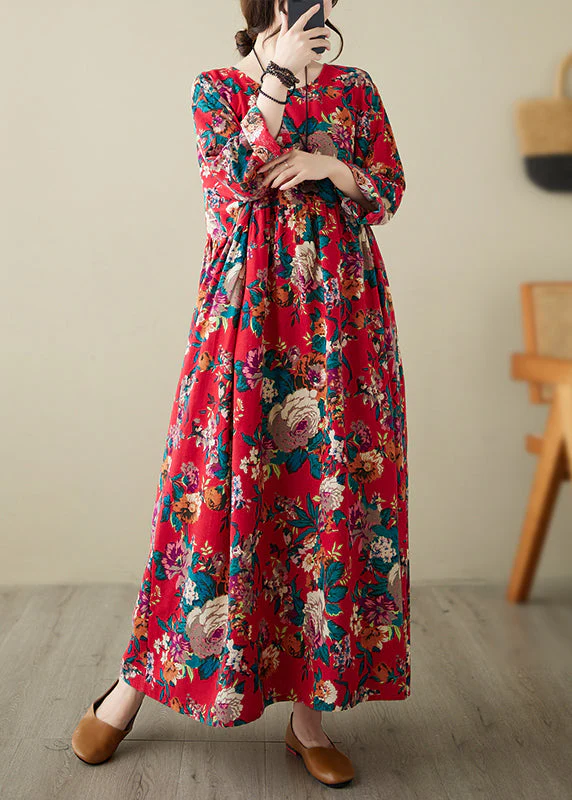 Plus Size Red O-Neck Print Patchwork Long Dress Long Sleeve - Image 4
