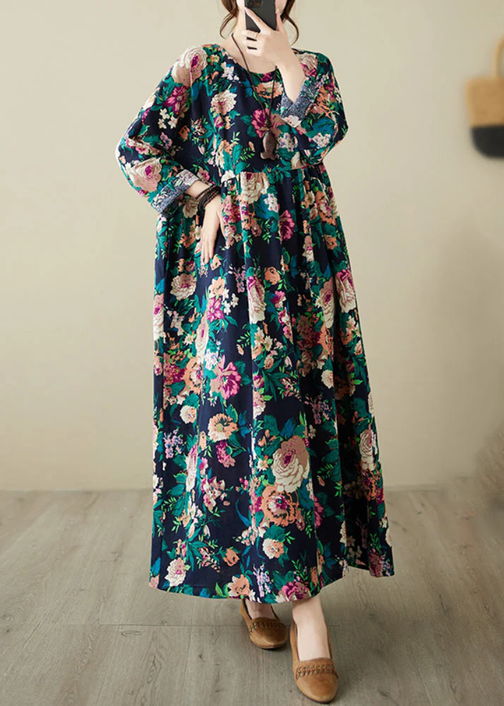 Plus Size Red O-Neck Print Patchwork Long Dress Long Sleeve - Image 5