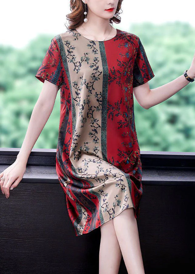 Plus Size Red O-Neck Print Slim Fit Silk Mid Dress Summer - Image 2