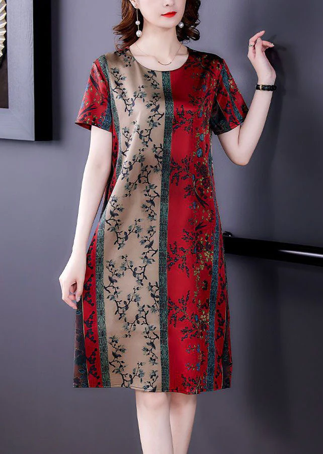Plus Size Red O-Neck Print Slim Fit Silk Mid Dress Summer - Image 3