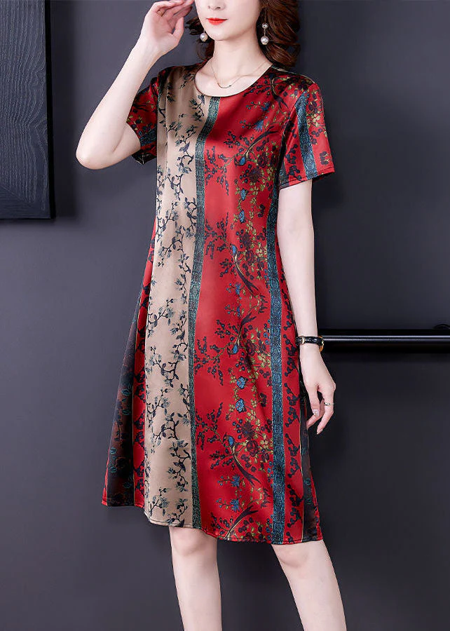 Plus Size Red O-Neck Print Slim Fit Silk Mid Dress Summer - Image 4
