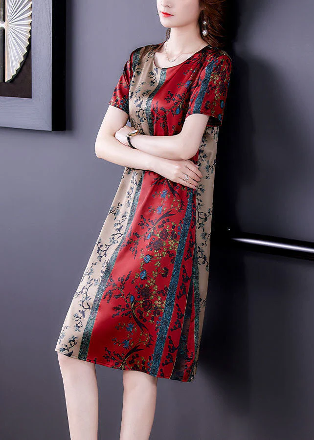 Plus Size Red O-Neck Print Slim Fit Silk Mid Dress Summer - Image 5