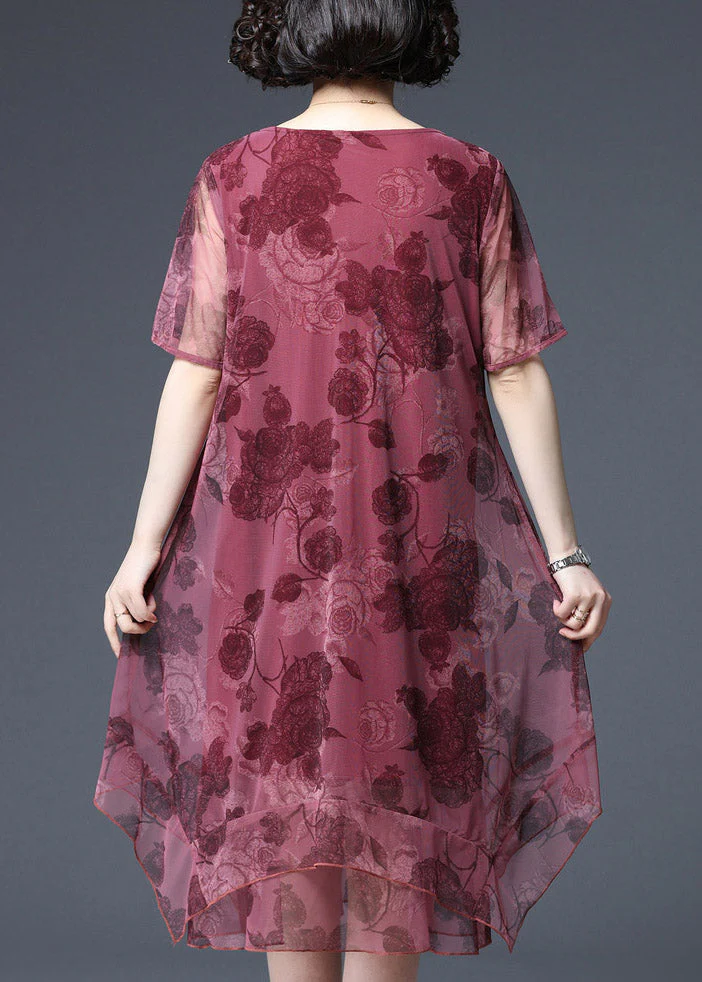Plus Size Red O-Neck Print Tulle vacation Dress Short Sleeve - Image 5