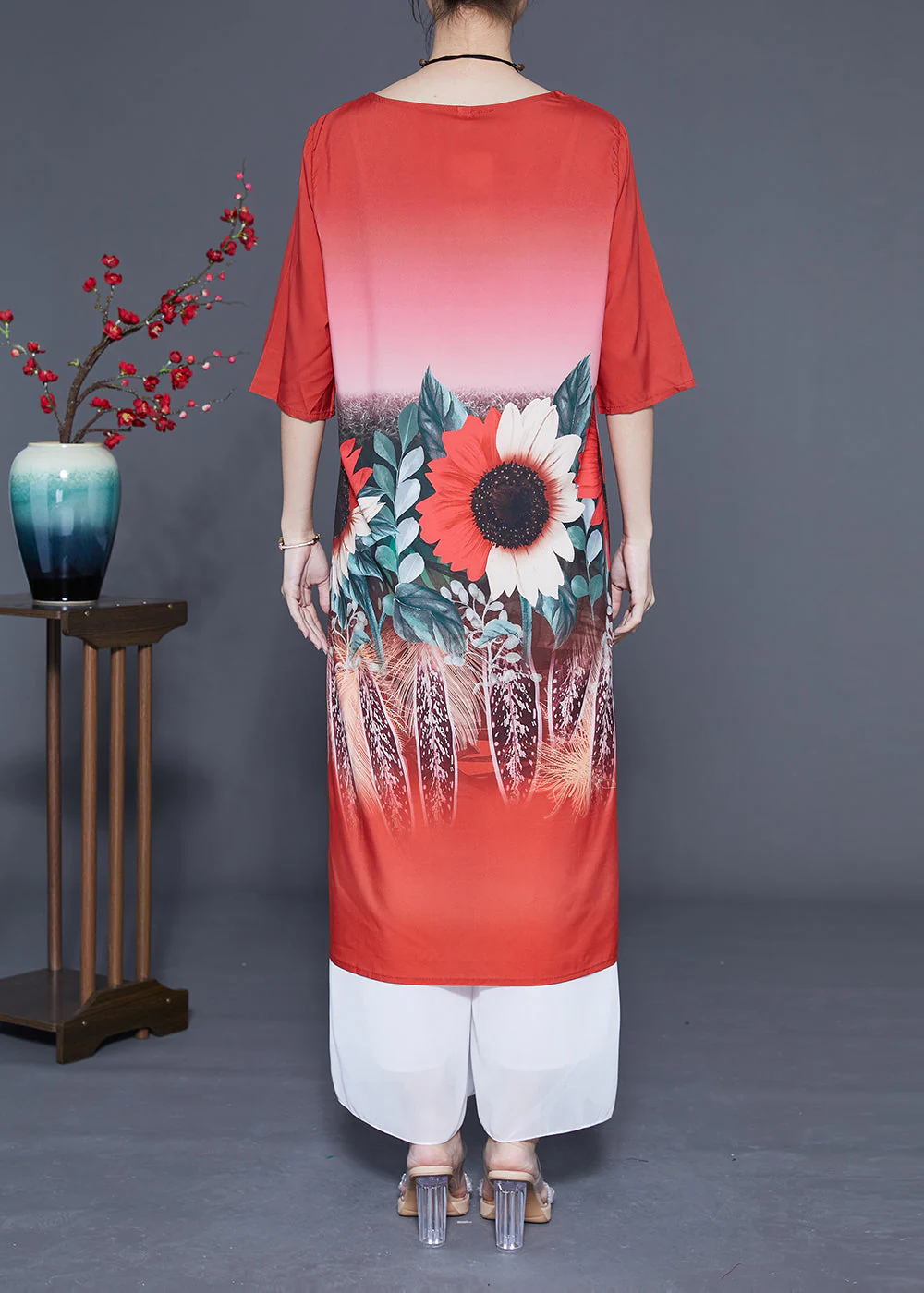 Plus Size Red O-Neck Sun Flower Print Silk Dresses Half Sleeve - Image 4
