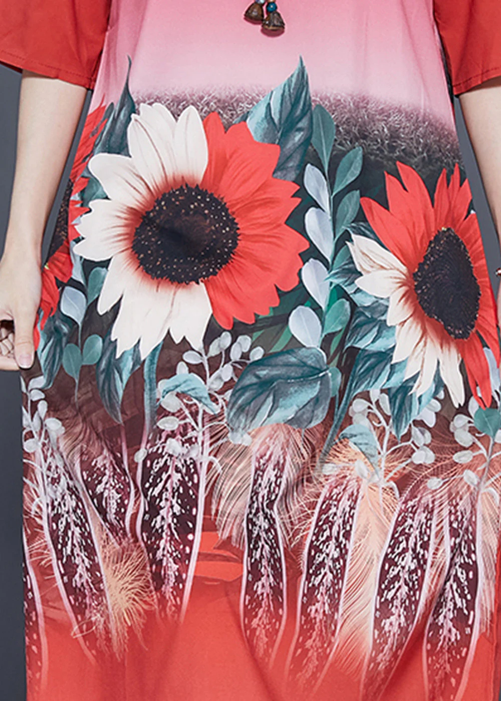 Plus Size Red O-Neck Sun Flower Print Silk Dresses Half Sleeve - Image 5
