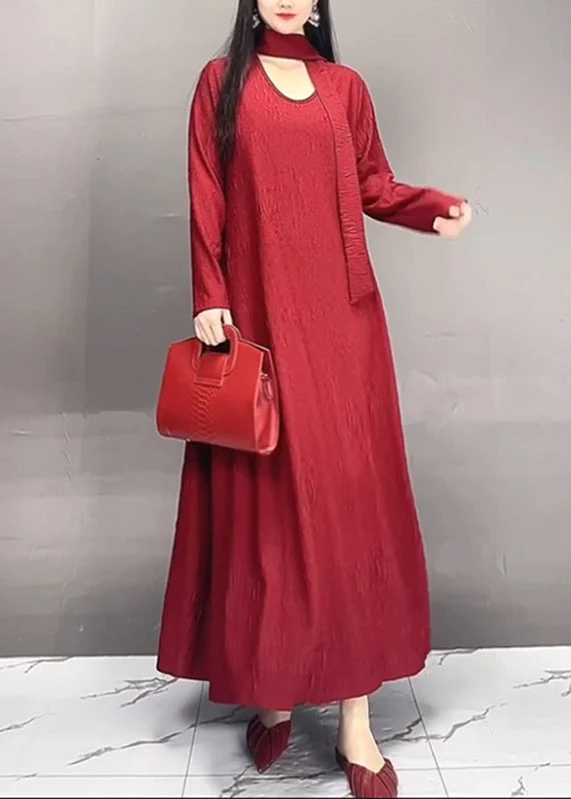 Plus Size Red O-Neck Wrinkled Maxi Dresses Spring - Image 3