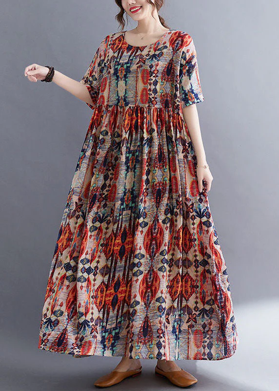 Plus Size Red O Neck Wrinkled Print Patchwork Cotton Dresses Summer - Image 2