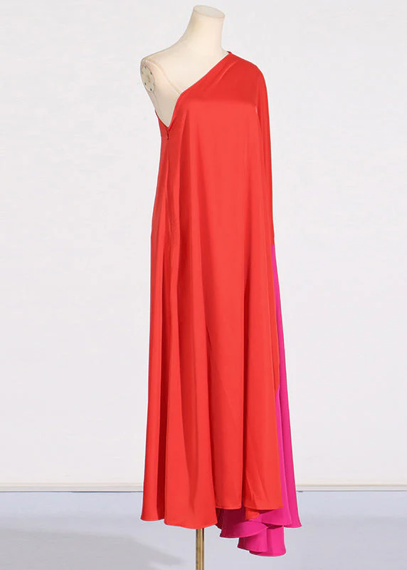 Plus Size Red One Shoulder Patchwork Maxi Dress Summer - Image 2