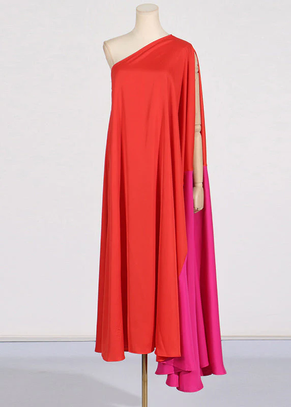Plus Size Red One Shoulder Patchwork Maxi Dress Summer - Image 3
