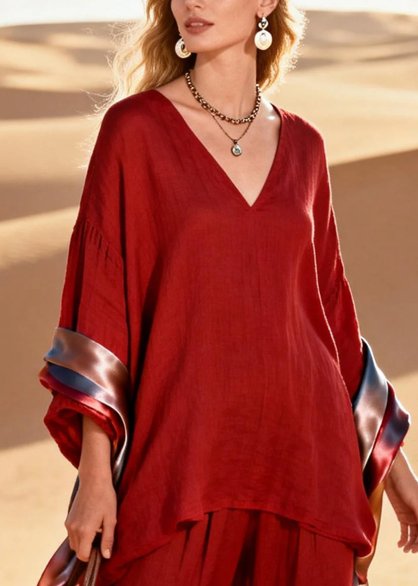 Plus Size Red Oversized Patchwork Shawl Silk Linen 2 Piece Outfit Spring - Image 2