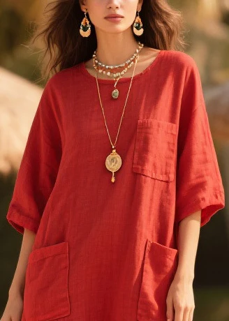 Plus Size Red Oversized Tulle Patchwork Pockets Cotton Dress Summer - Image 2