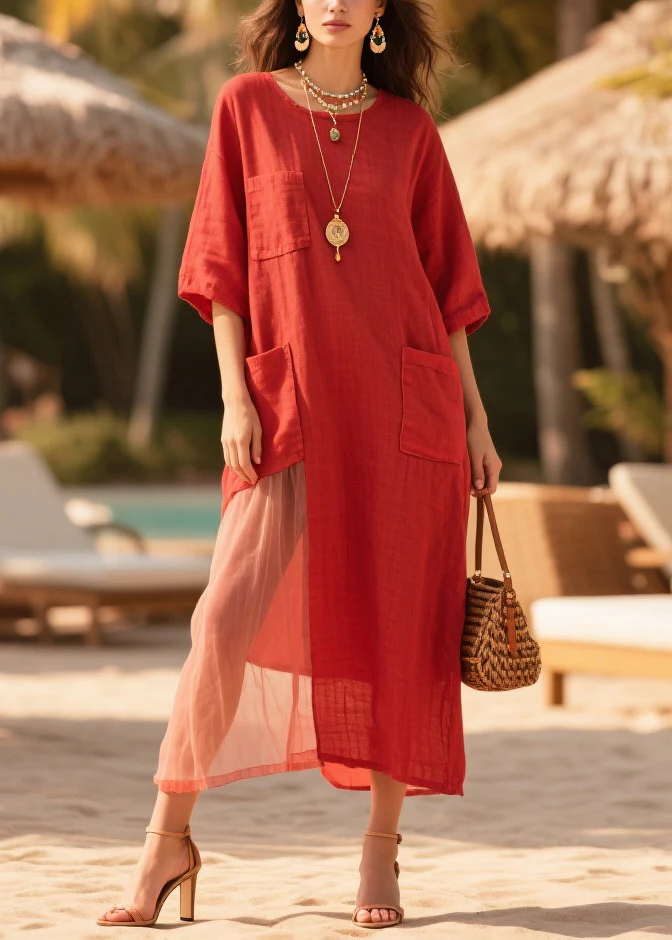 Plus Size Red Oversized Tulle Patchwork Pockets Cotton Dress Summer - Image 3