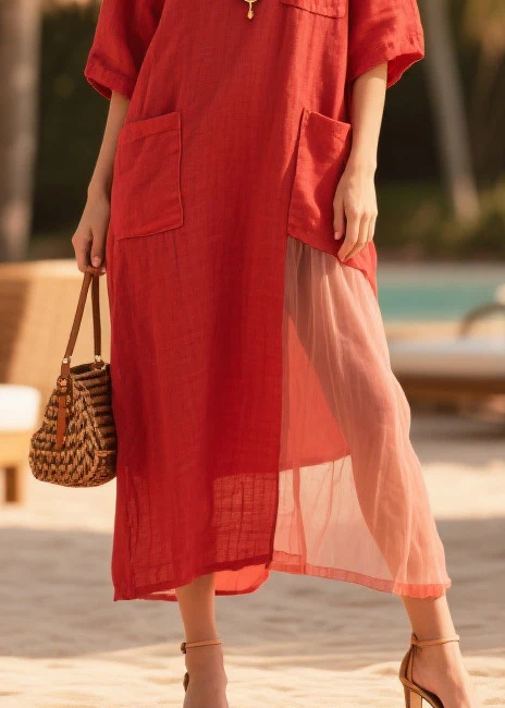 Plus Size Red Oversized Tulle Patchwork Pockets Cotton Dress Summer - Image 4