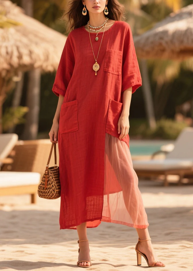 Plus Size Red Oversized Tulle Patchwork Pockets Cotton Dress Summer - Image 5
