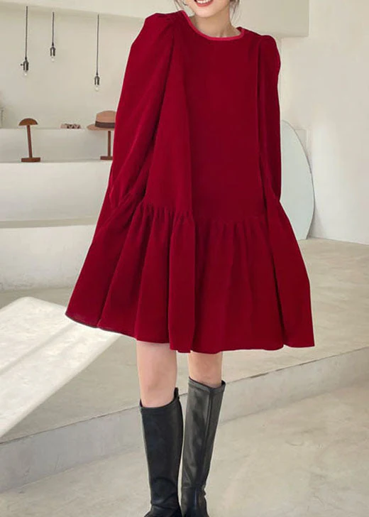 Plus Size Red Patchwork Velour Vacation Dress Winter - Image 2