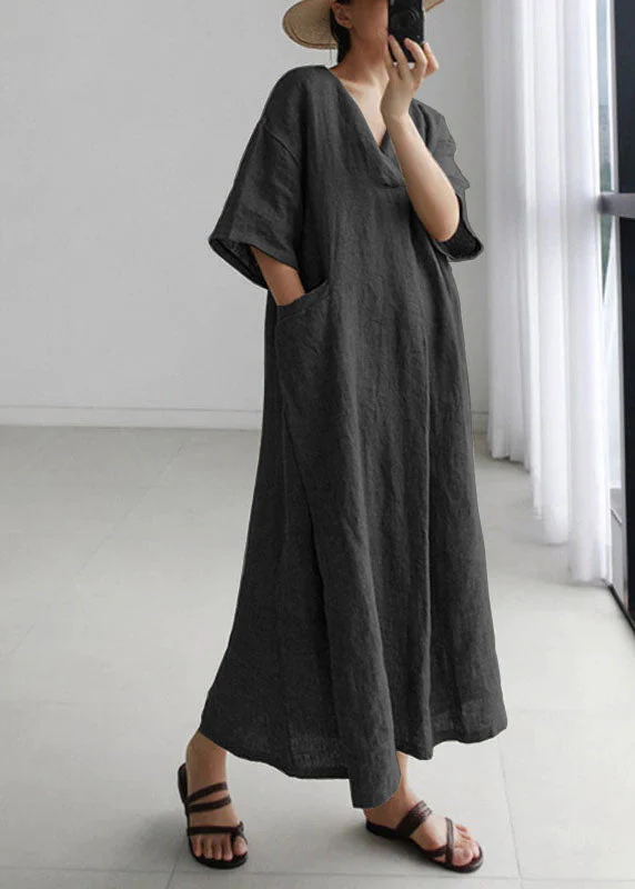 Plus Size Red Peter Pan Collar Pockets Linen Long Dresses Short Sleeve - Image 2