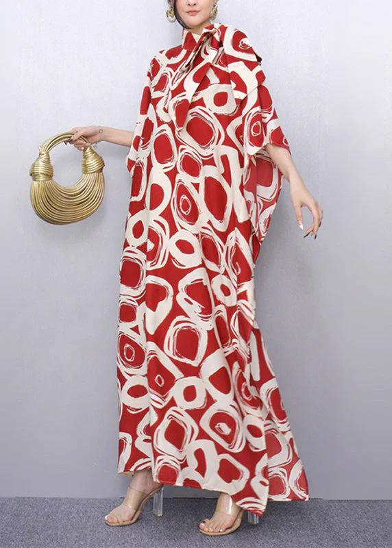 Plus Size Red Peter Pan Collar Print Robe Dresses Summer - Image 2