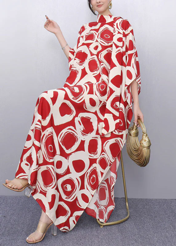 Plus Size Red Peter Pan Collar Print Robe Dresses Summer - Image 3