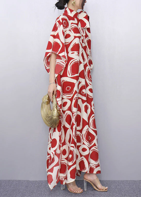 Plus Size Red Peter Pan Collar Print Robe Dresses Summer - Image 4