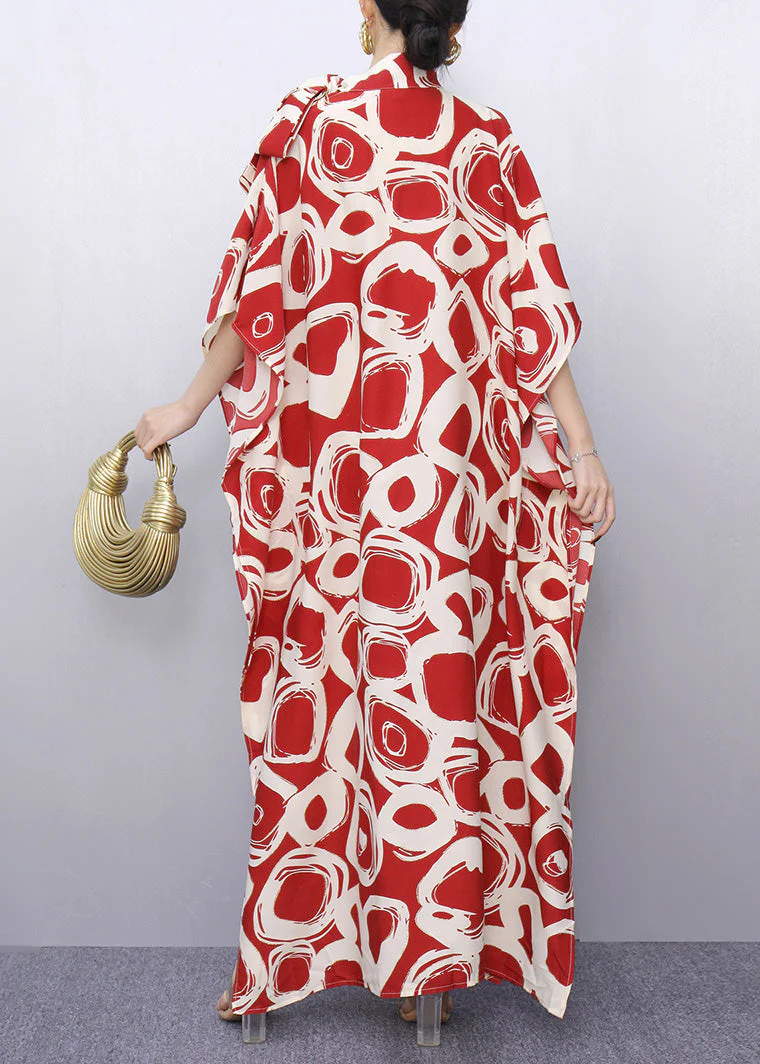 Plus Size Red Peter Pan Collar Print Robe Dresses Summer - Image 5