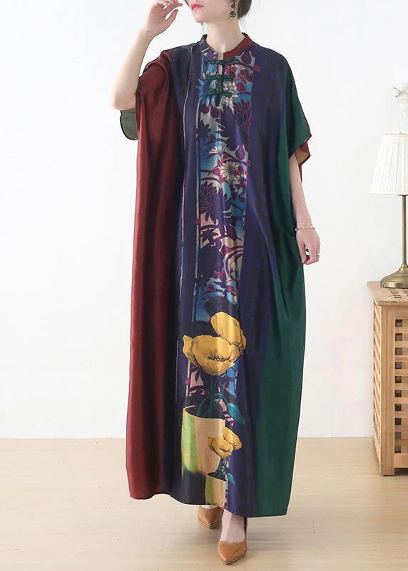 Plus Size Red Purple Green Print Batwing Sleeve Mid Summer Chiffon Dress