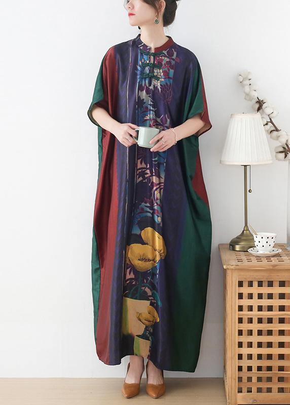 Plus Size Red Purple Green Print Batwing Sleeve Mid Summer Chiffon Dress - Image 2