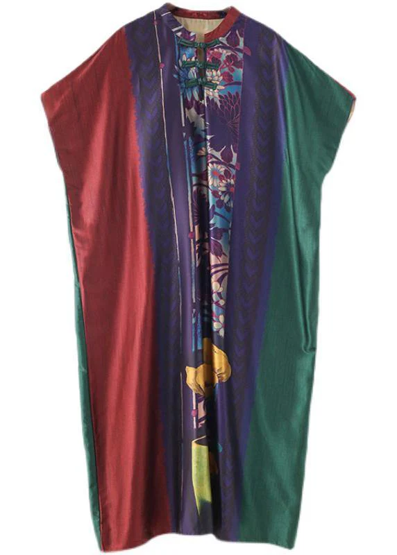 Plus Size Red Purple Green Print Batwing Sleeve Mid Summer Chiffon Dress - Image 4