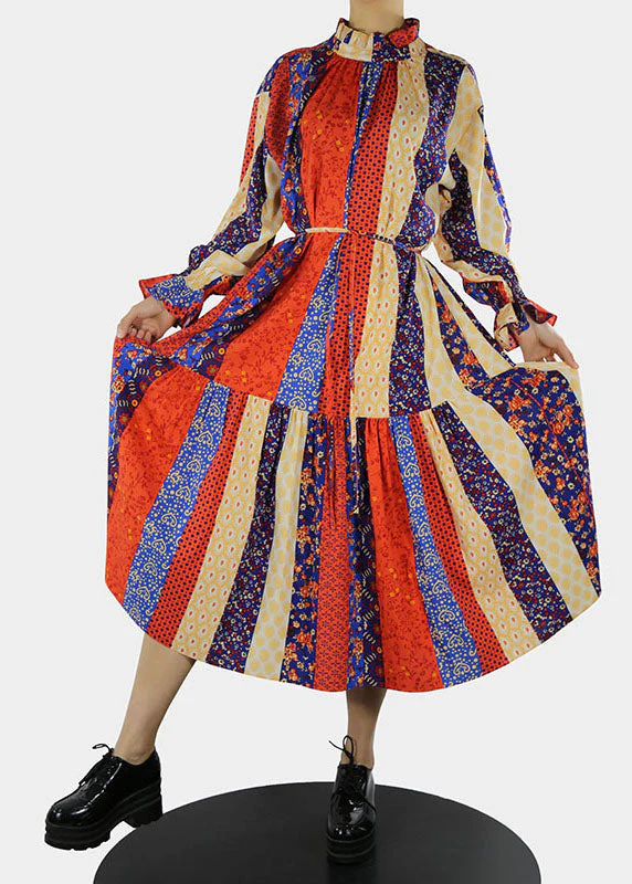 Plus size Red Stand Collar Print Long Dress Petal Sleeve - Image 4