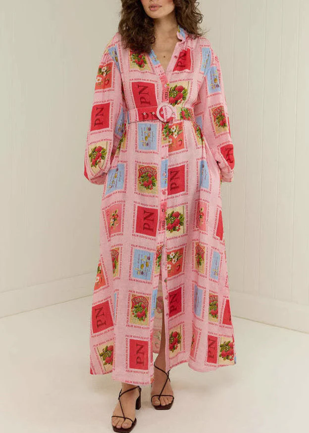 Plus Size Red Stand Collar Print Slim Maxi Dresses Fall - Image 2