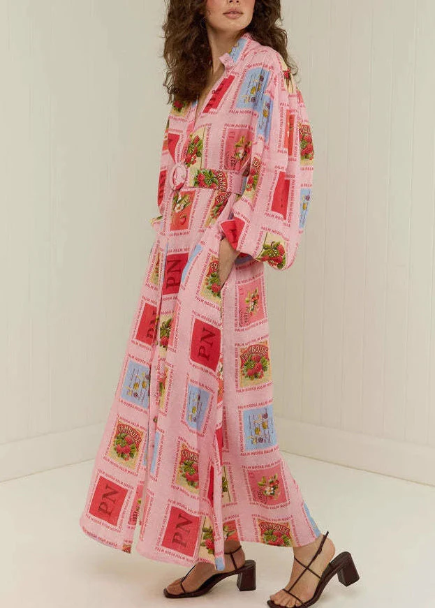 Plus Size Red Stand Collar Print Slim Maxi Dresses Fall - Image 3