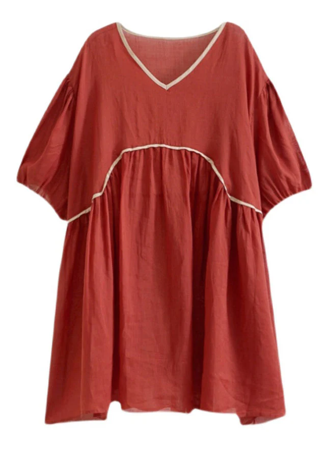 Plus Size Red Wrinkled Patchwork Mid Dress Summer - Image 5