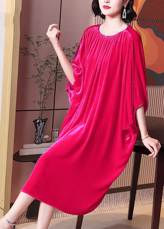 Plus Size Rose O Neck Wrinkled Patchwork Silk Velour Dress Batwing Sleeve - Image 2