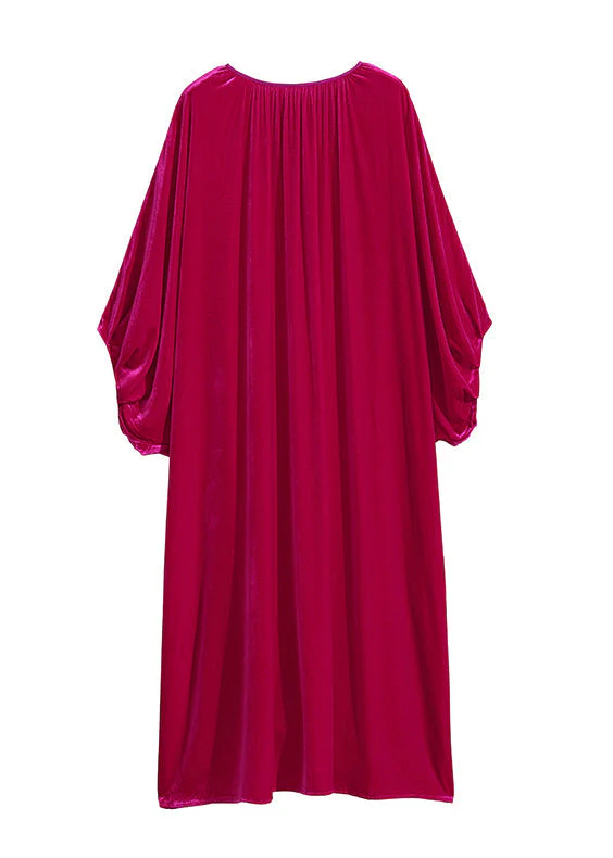 Plus Size Rose O Neck Wrinkled Patchwork Silk Velour Dress Batwing Sleeve - Image 5