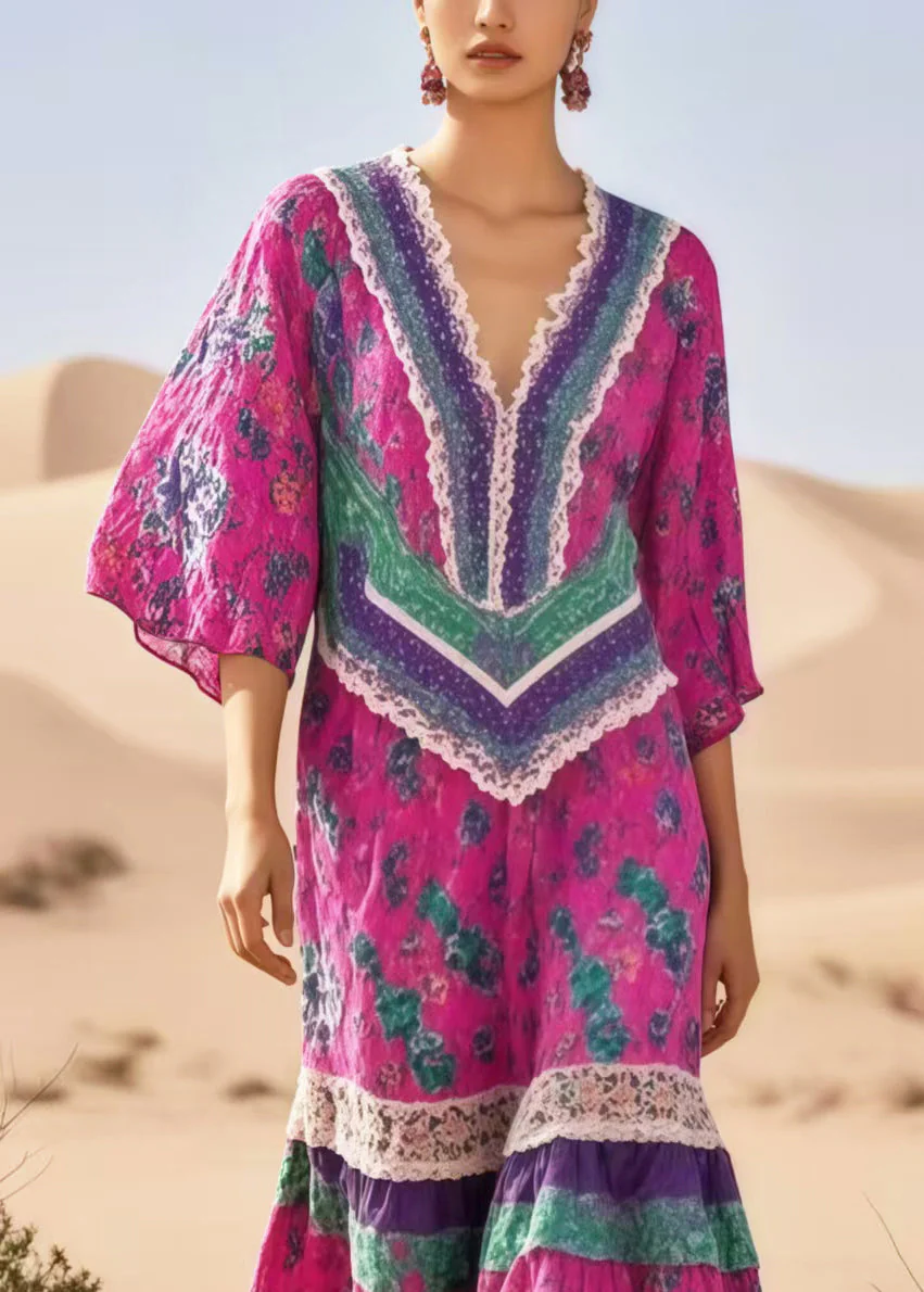Plus Size Rose Print Patchwork Cotton Vacation Dresses Summer - Image 2