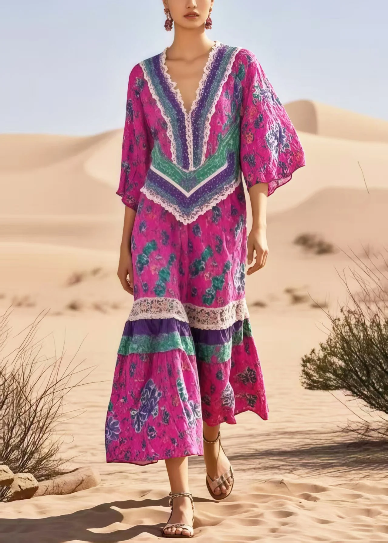 Plus Size Rose Print Patchwork Cotton Vacation Dresses Summer - Image 3