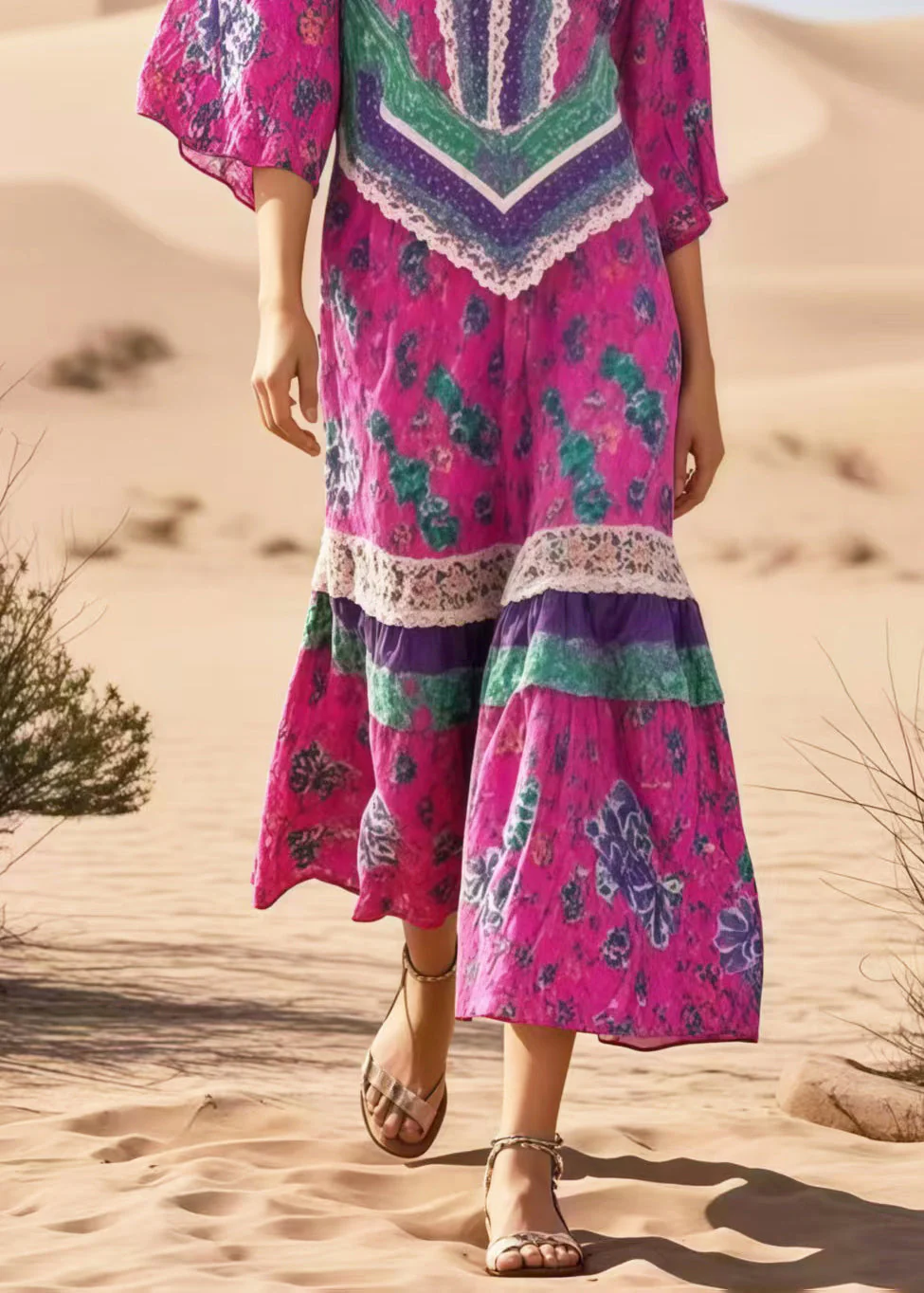 Plus Size Rose Print Patchwork Cotton Vacation Dresses Summer - Image 4