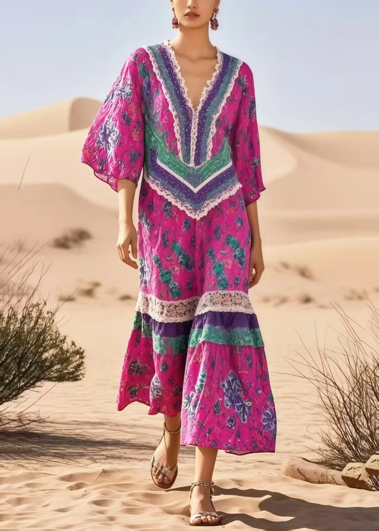 Plus Size Rose Print Patchwork Cotton Vacation Dresses Summer - Image 5