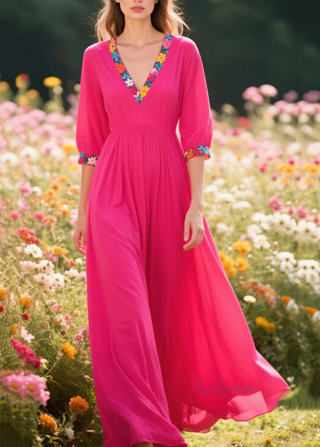 Plus Size Rose V Neck Patchwork Cotton Party Dress Summer - Image 3