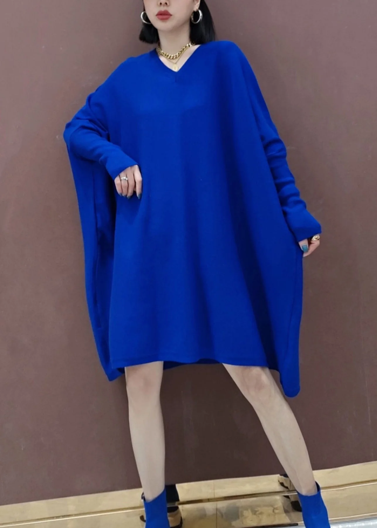 Plus Size Rose V Neck Patchwork Knit Mid Dresses Batwing Sleeve - Image 2