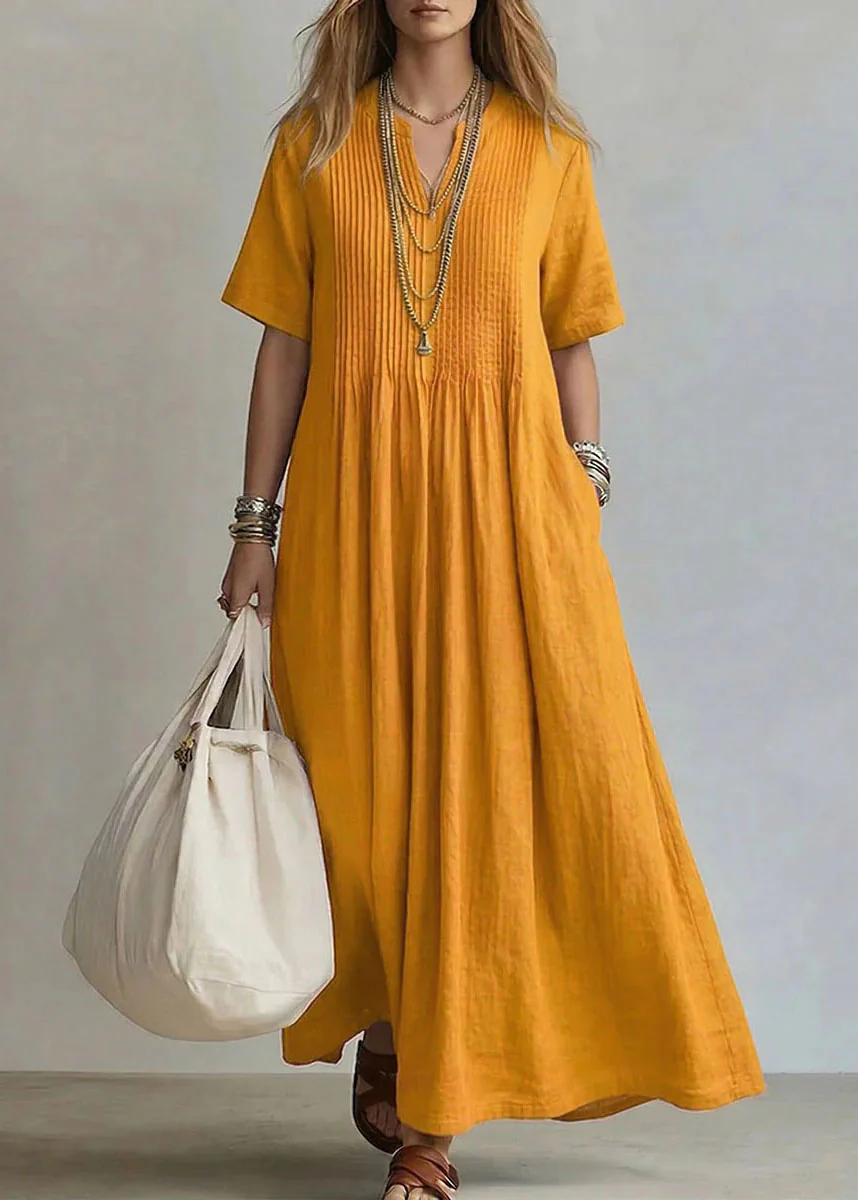 Plus Size Rose V Neck Pockets Cotton Long Dress Summer - Image 4