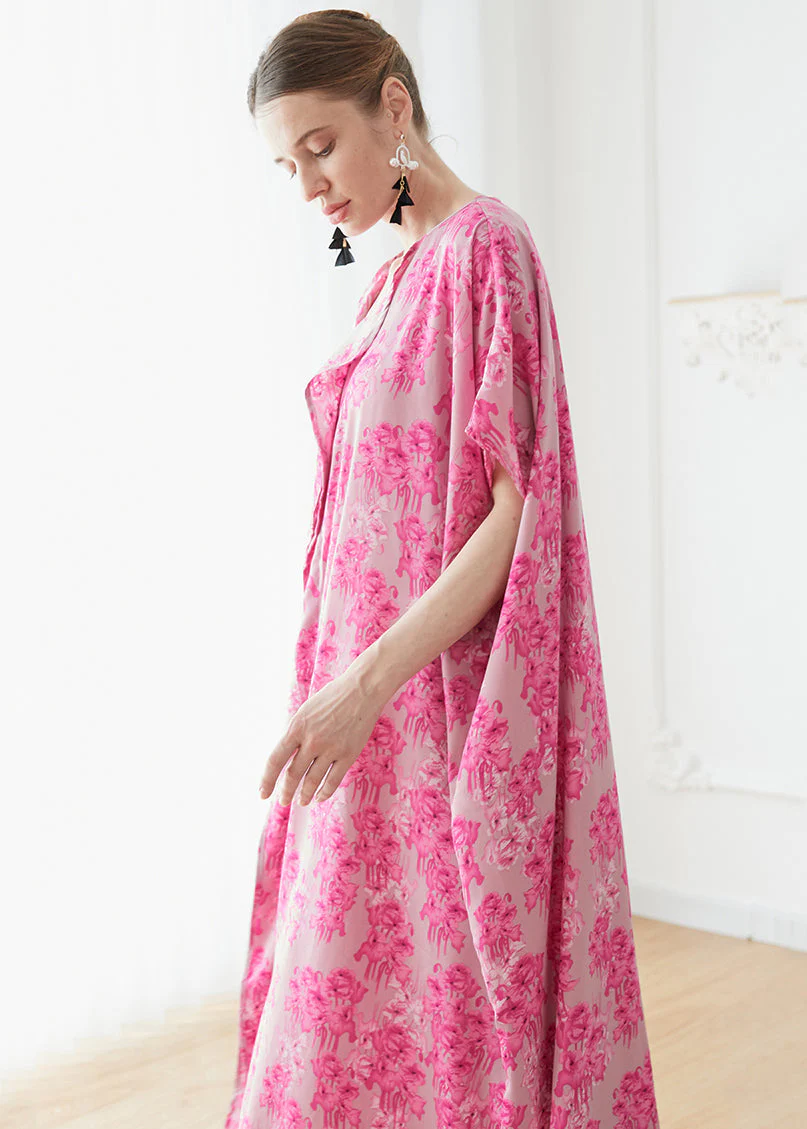 Plus Size Rose V Neck Print Chiffon Robe Dresses Summer - Image 4