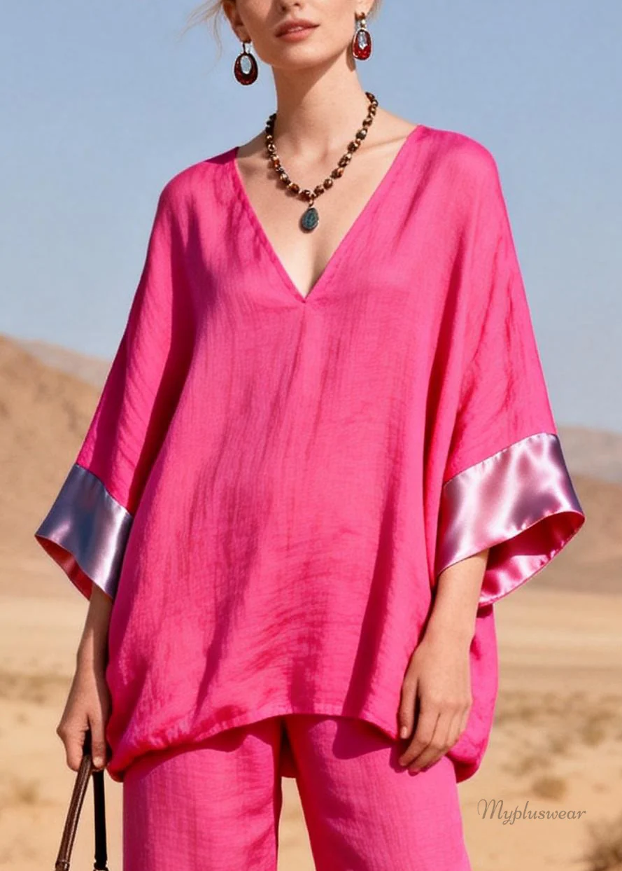 Plus Size Rose V Neck Solid Silk Patchwork Two Pieces Set Bracelet Sleeve - Image 2