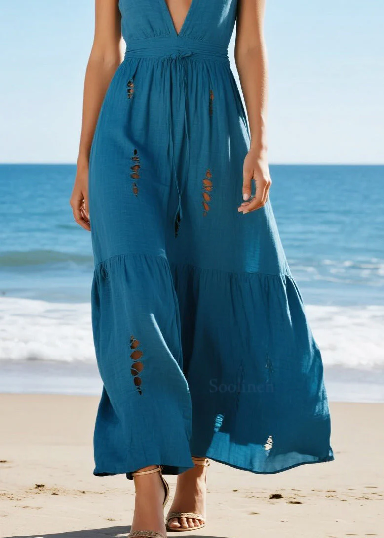 Plus Size Sea Blue V Neck Hole Cotton Maxi Dresses Summer - Image 4